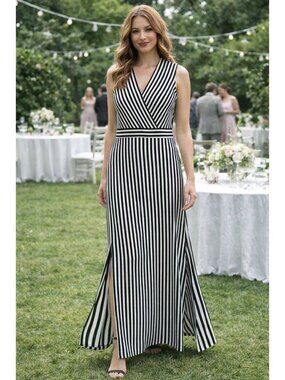 NWT IMNYC Isaac Mizrahi Sleeveless Black Stripe Maxi Dress M Side Slits Surplice